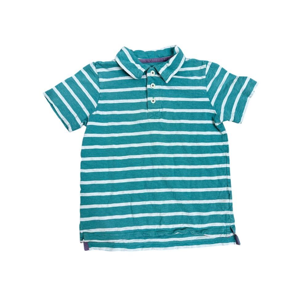 Mini Boden Teal White Striped Boys Short Sleeve Poli Shirt Sz 5/6